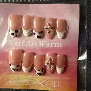 Nude Pink Press-On Nails with White Tips & Floral Accent